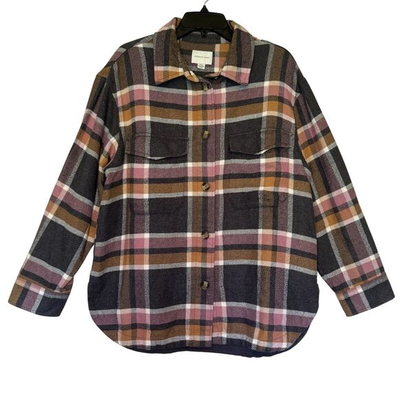 American Eagle women's size medium M plaid flannel button pink gray shacket top - Picture 13 of 13